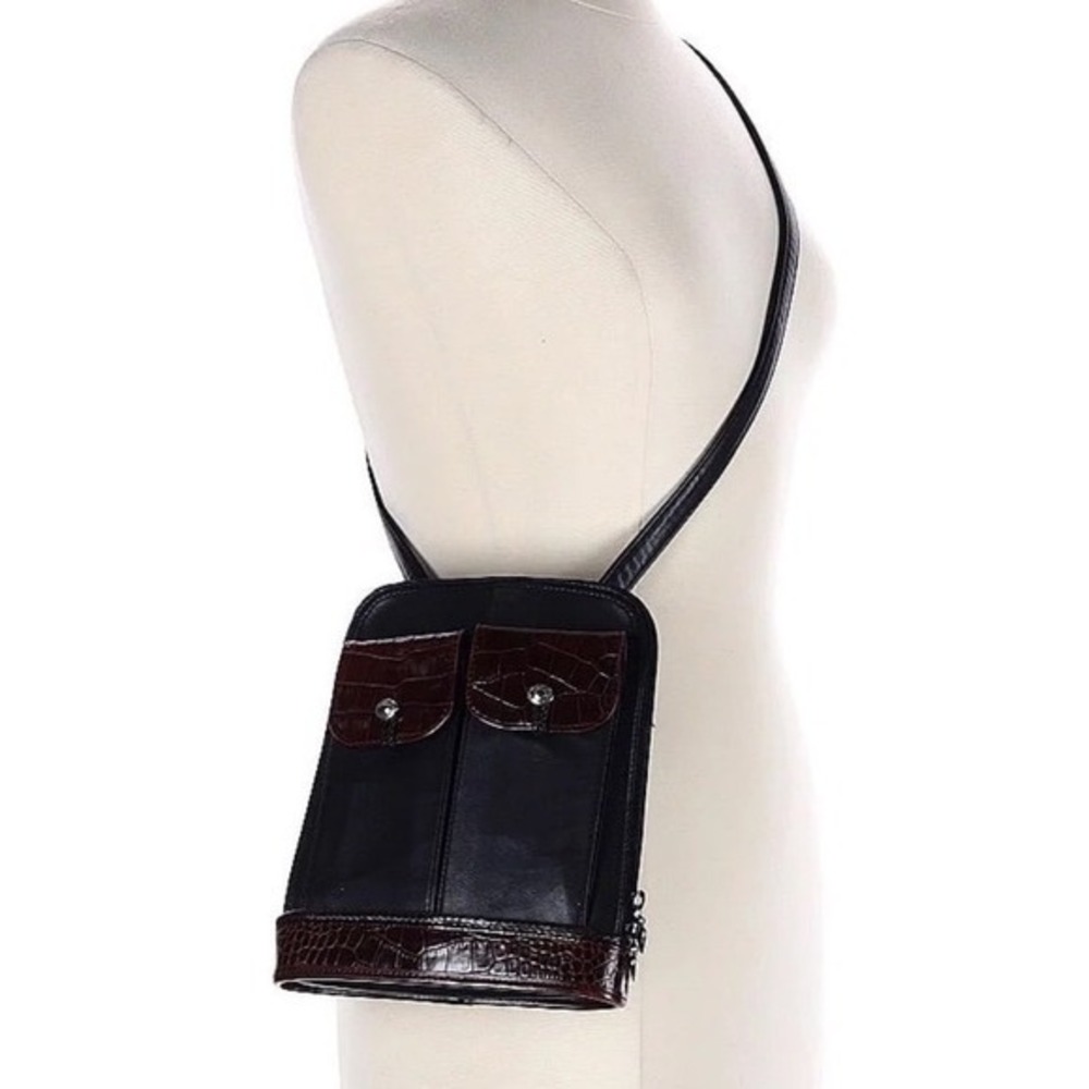 Brighton Black‎ Leather Crossbody Organizer Bag Brown Croc Embossed Retired